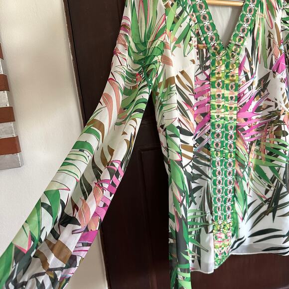 BADGLEY MISCHKA | Tropical Print V Neck Tunic Shirt with Peasant Sleeves | Sz 4 - Picture 4 of 5